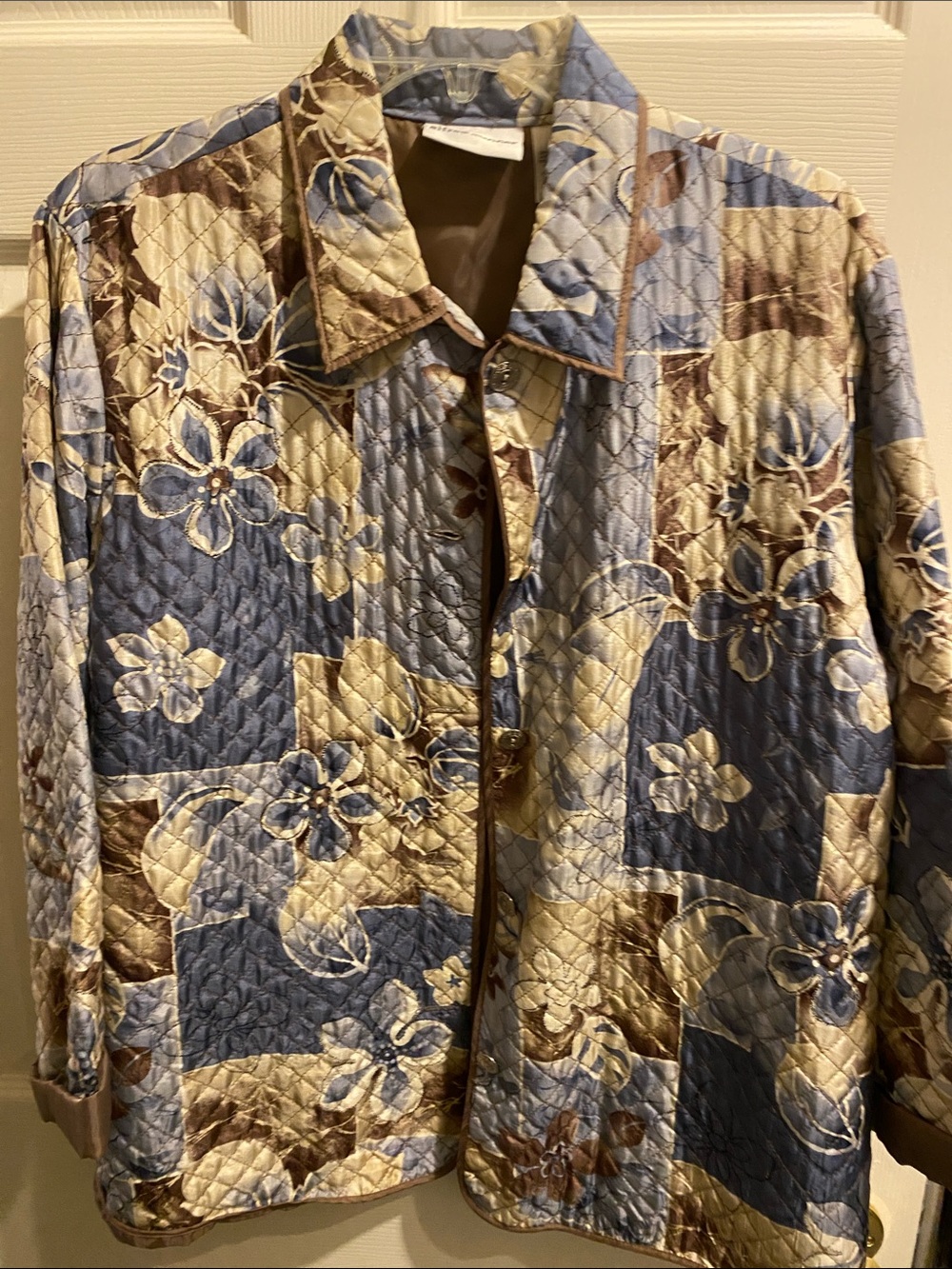 Alfred Dunner Quilted Floral Patchwork Jacket in Blue and Brown